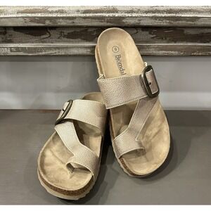 BJORNDAL Size 9 Sandals Gold Toe Strap Buckle Cork Faux Leather Shoes